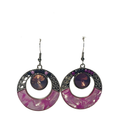 Brincos Boho Argola Vintage na Cor Prata com Pedra Roxa