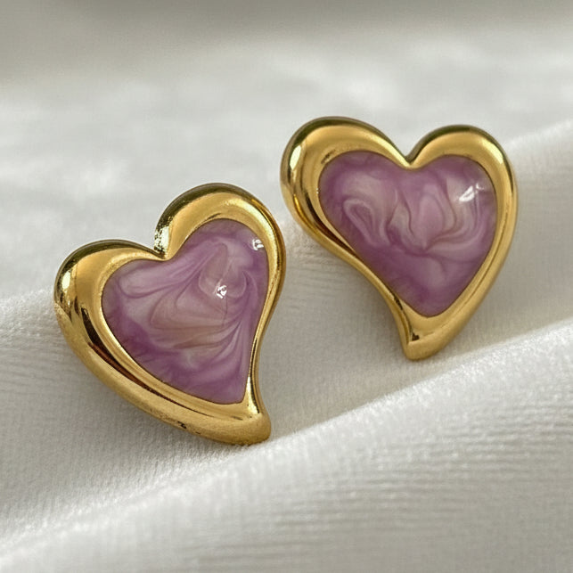 Brincos Heart Marble Pequenos – Esmaltado Roxo e Dourado
