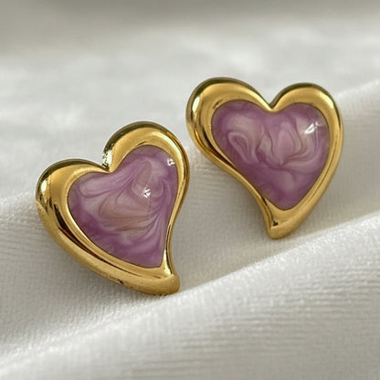 Brincos Heart Marble Pequenos – Esmaltado Roxo e Dourado