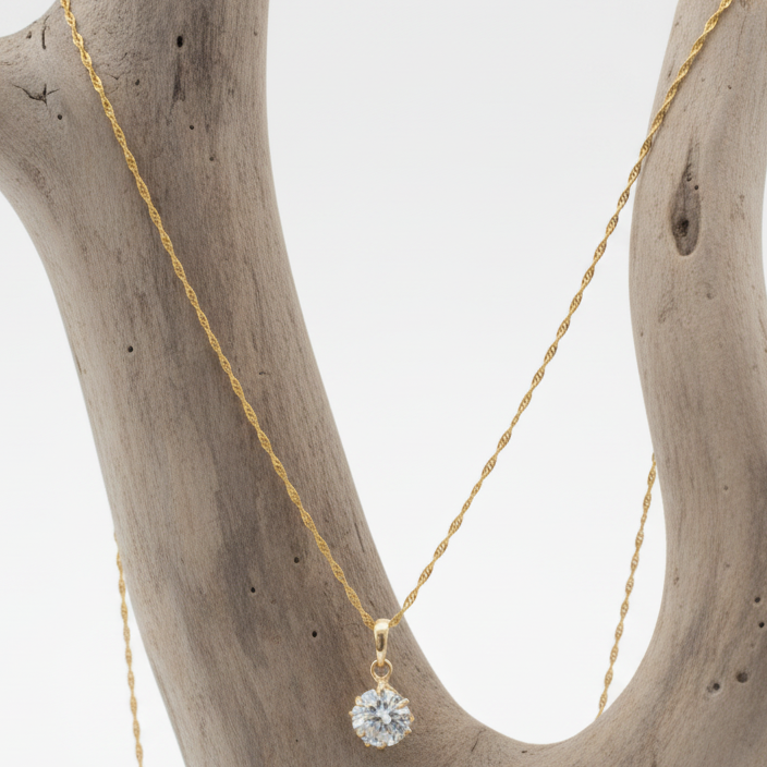 Colar Ouro 14K Laminado – Pendente de Quartzo e Cristais Swarovski