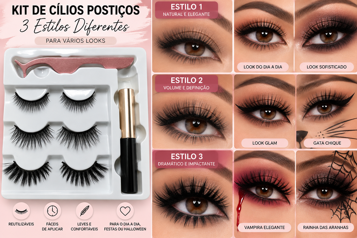 Kit de 3 Pares de Cílios Postiços Reutilizáveis com Eyeliner Adesivo e Pinça Aplicadora