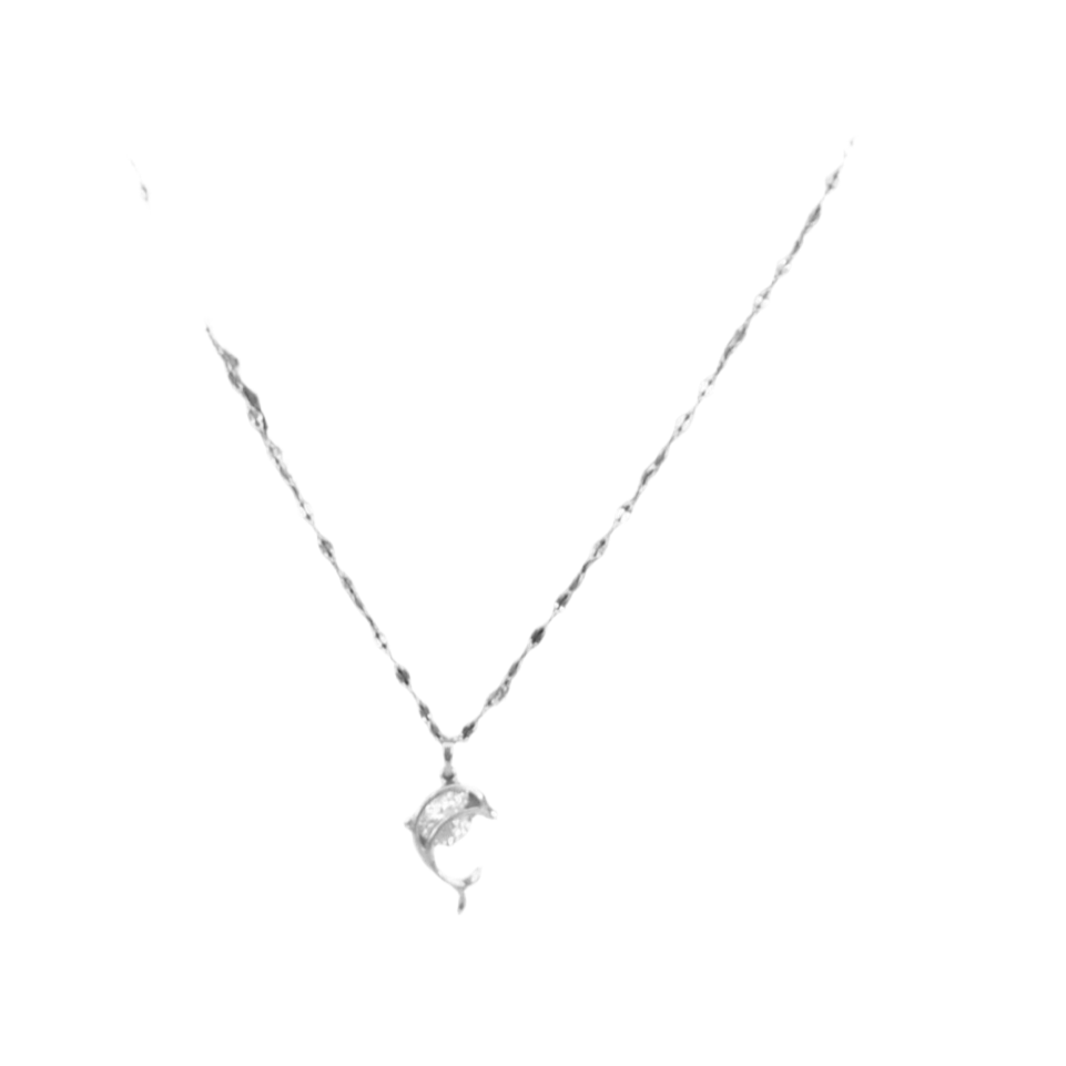 Colar de Senhora em Aço Inoxidável com Pendente Golfinho Laminado a Ouro Branco