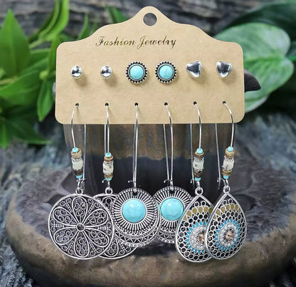 Conjunto 6 Brincos Boho Turquesa