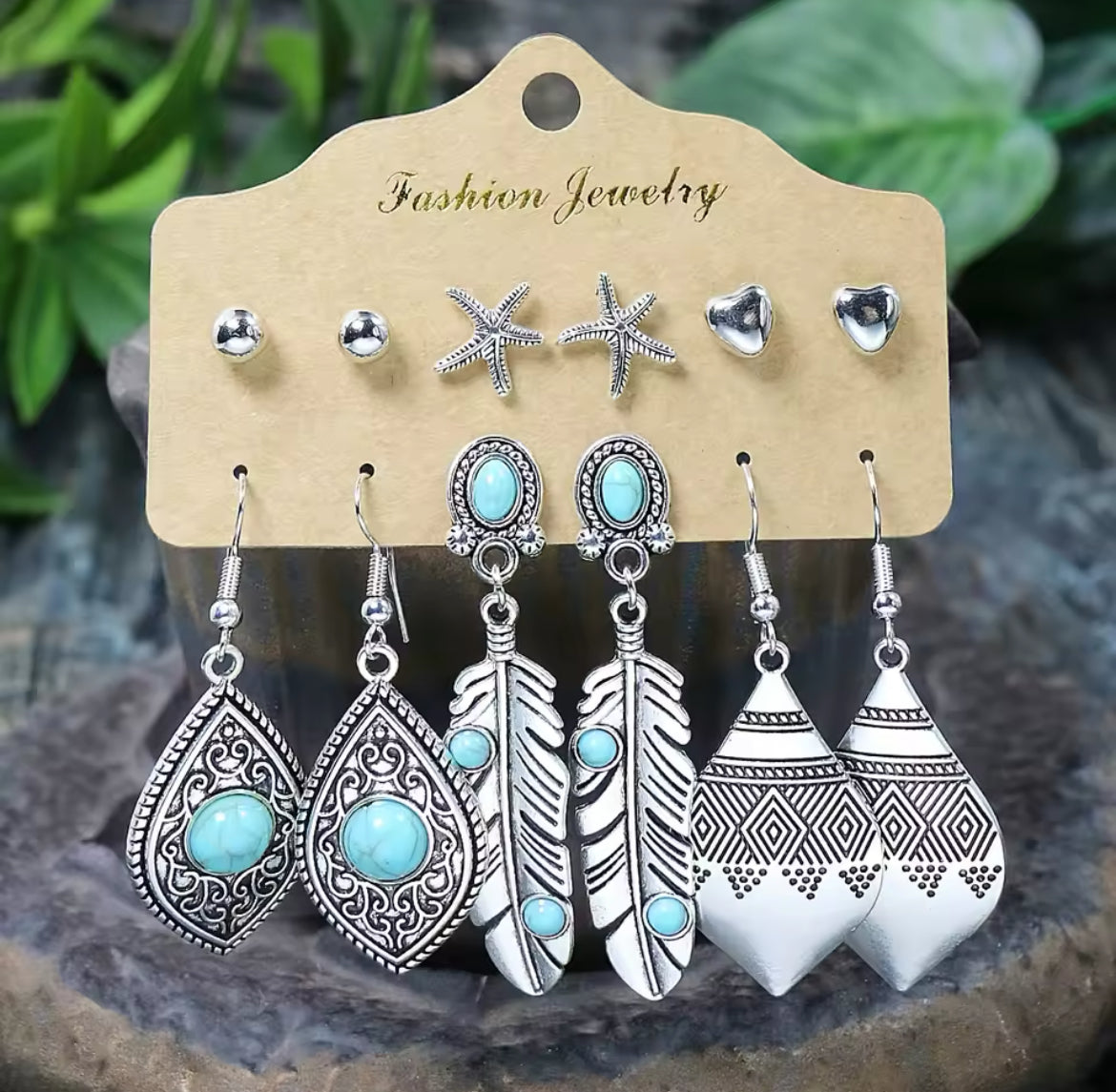Conjunto 6 Brincos Boho Turquesa