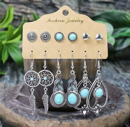 Conjunto 6 Brincos Boho Turquesa