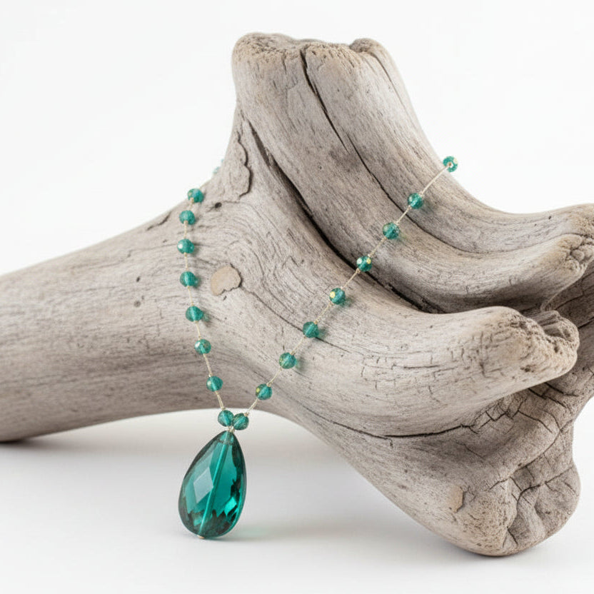 Collier pour femme Argenté, Goutte Verte
