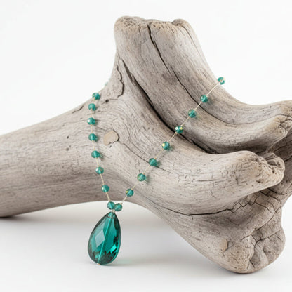 Collier pour femme Argenté, Goutte Verte