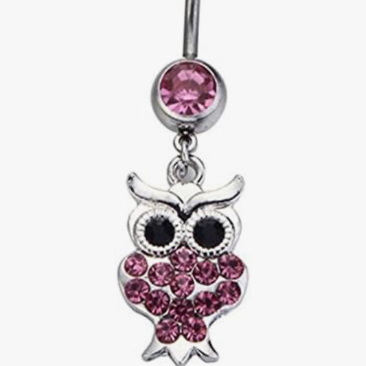 Piercing de Umbigo em Aço Inoxidável, Coruja Rosa