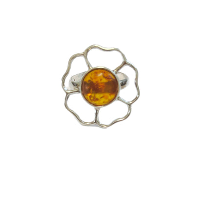 Anel Flor de Senhora em Prata 925 com Pedra Natural Âmbar