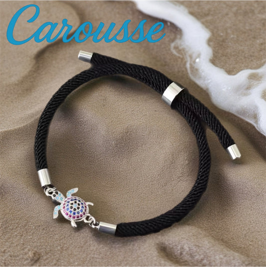 Pulseira Preta de Corrente de Corda Ajustável com Tartaruga