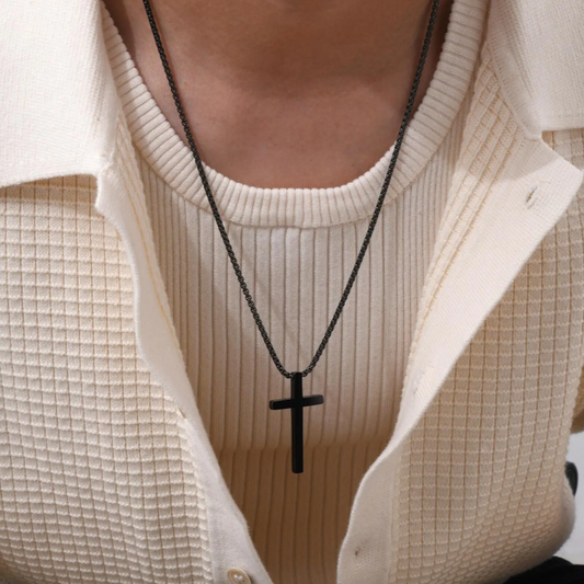 Colar de Homem em Aço Inoxidável com Pingente Cruz, Preto