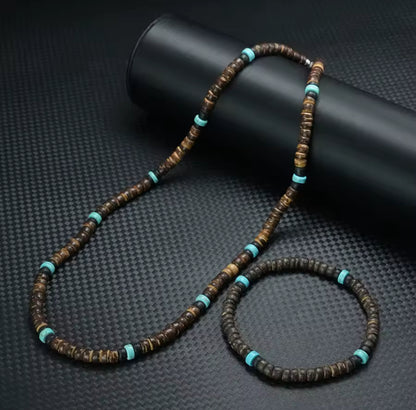 Conjunto masculino feito com Casca de Côco natural 50cm , Castanho e Azul