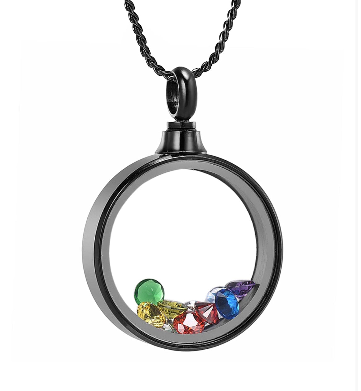 Colar de Senhora em Aço Inoxidável com Medalhão Relicário que contém pequenas pedras coloridas