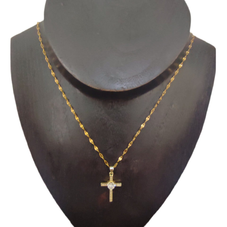 Colar de Senhora em Aço Inoxidável Polido com Pendente Cruz Zicórnias