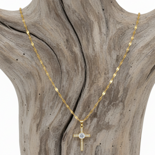 Colar "Cruz Radiante" em Aço Gold – Fé e Brilho Eterno