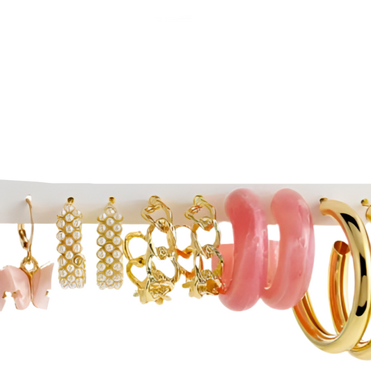 Conjunto de Argolas em Fantasia, 5 Pares (Rosa)