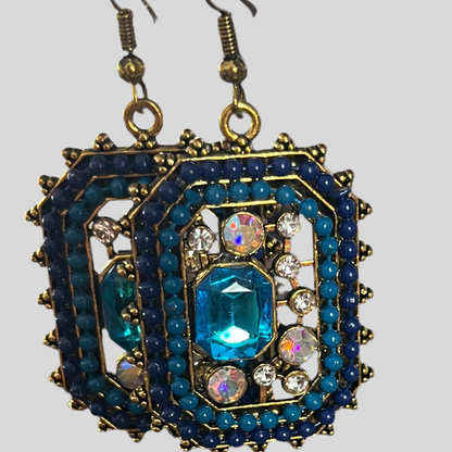 Brincos Boho Vintage Albastru na Cor Ouro Antigo com Pedras Azuis e Zircónias