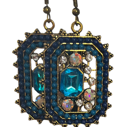 Brincos Boho Vintage Albastru na Cor Ouro Antigo com Pedras Azuis e Zircónias