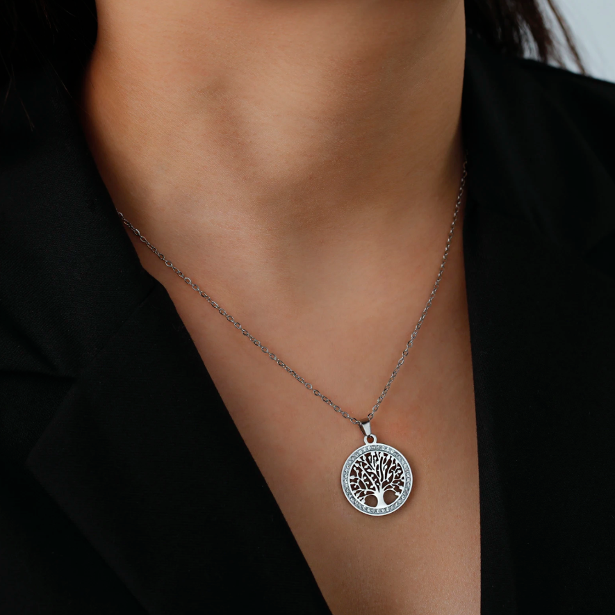 Colar em Aço Inoxidável Prata, Pingende de Árvore da Vida com Zircão Transparente