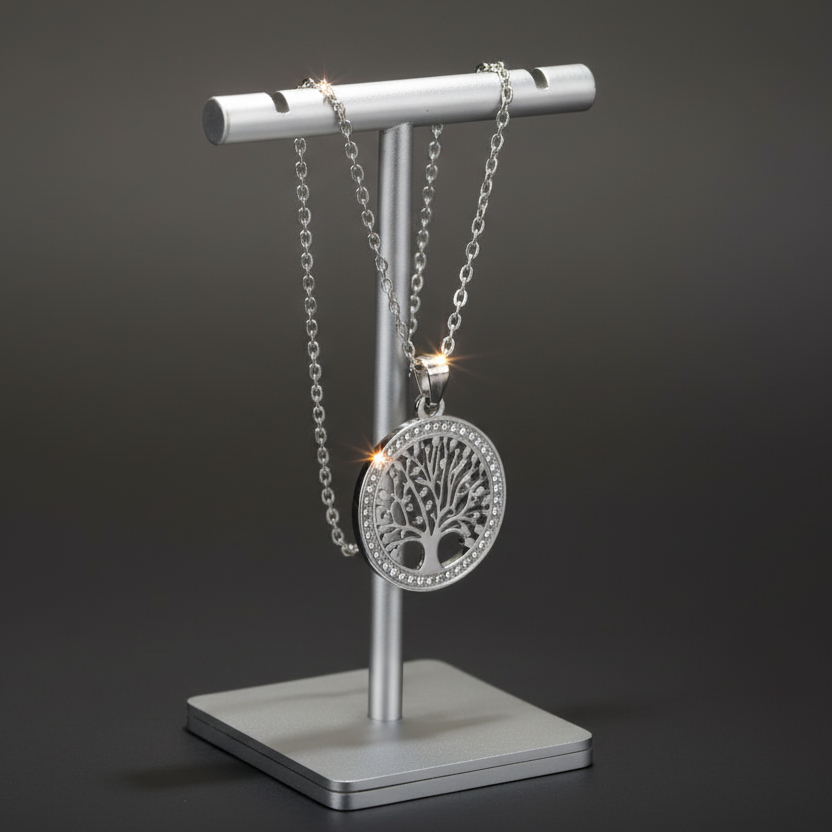 Colar em Aço Inoxidável Prata, Pingende de Árvore da Vida com Zircão Transparente