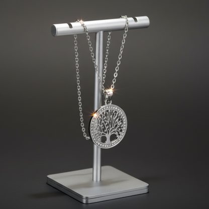 Colar em Aço Inoxidável Prata, Pingende de Árvore da Vida com Zircão Transparente