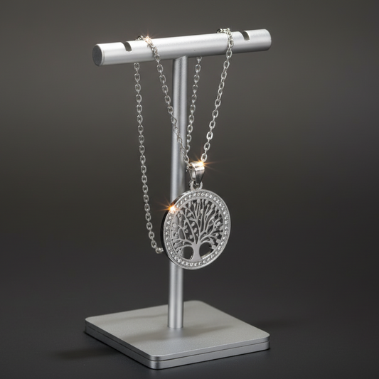 Colar em Aço Inoxidável Prata, Pingende de Árvore da Vida com Zircão Transparente