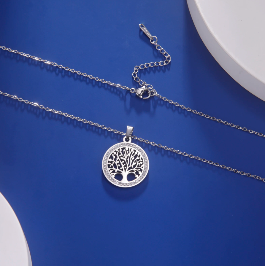 Colar em Aço Inoxidável Prata, Pingende de Árvore da Vida com Zircão Transparente