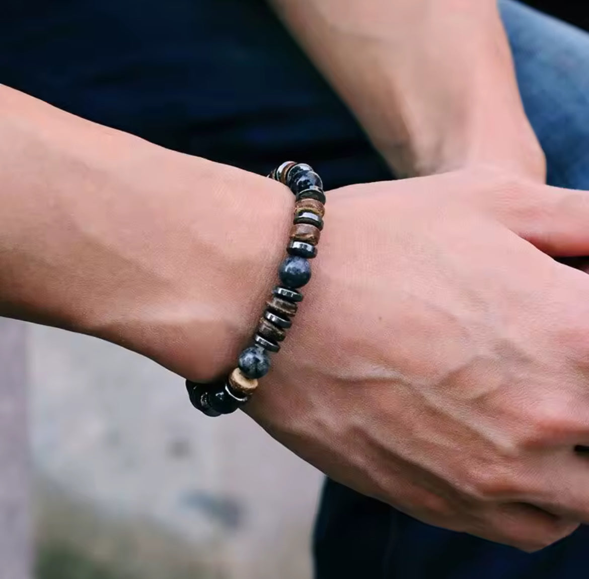 Pulseira de Homem com Pedra Ónix, Hematite e Grânulo de Côco