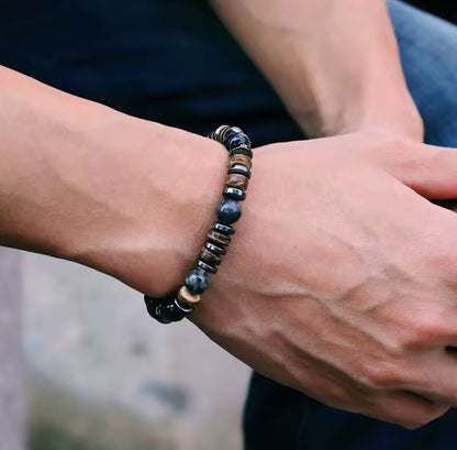 Pulseira de Homem com Pedra Ónix, Hematite e Grânulo de Côco