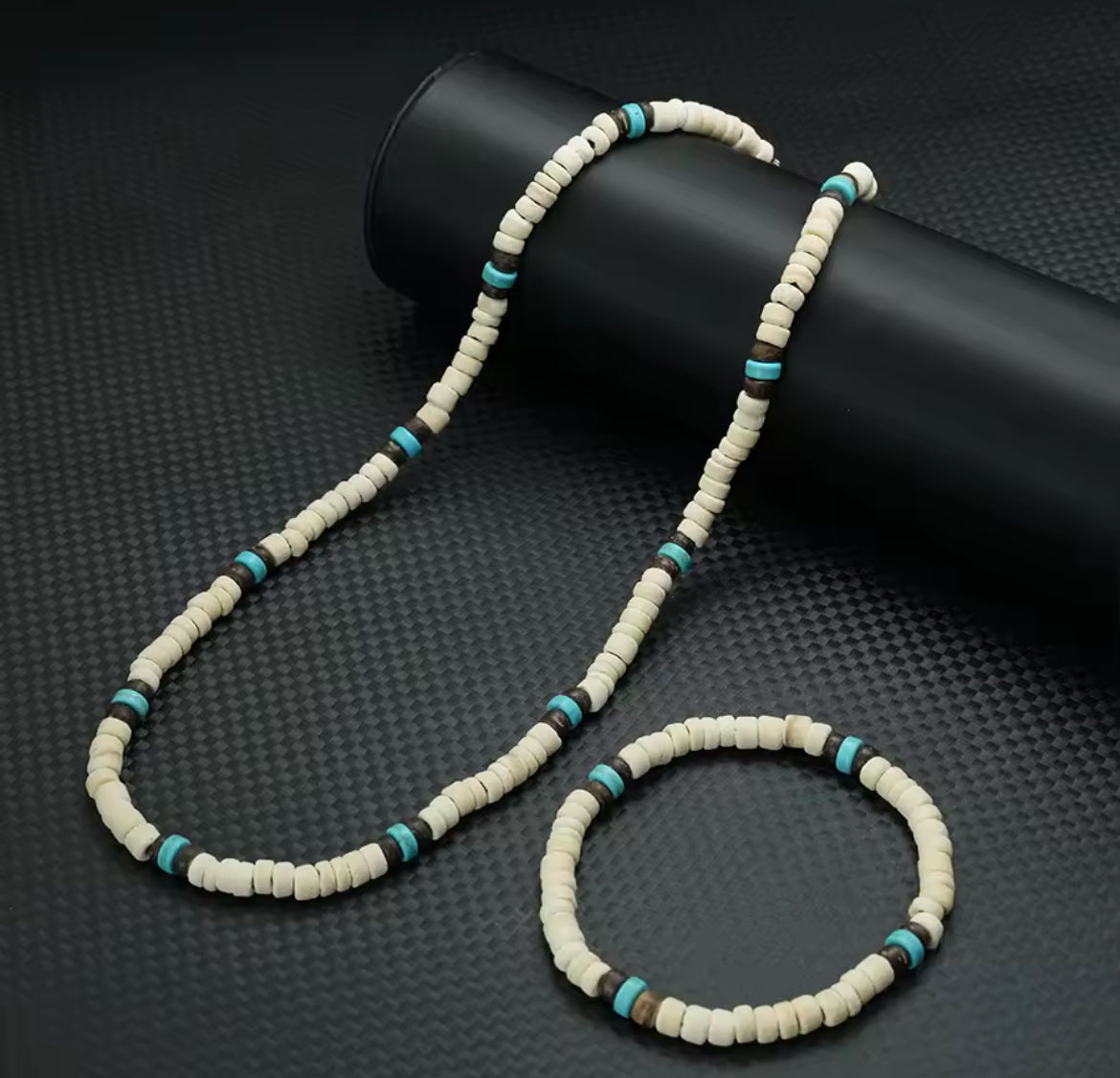 Conjunto masculino feito com Casca de Côco natural , Bege e Azul