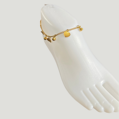 Pulseira Tornozelo de Senhora em Ouro Laminado 10K, Coração Sino