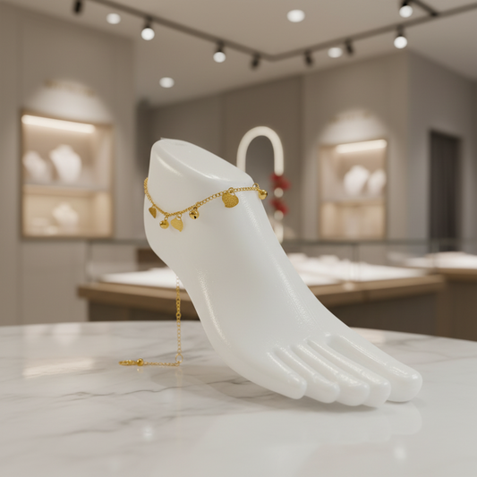 Pulseira Tornozelo de Senhora em Ouro Laminado 10K, Coração Sino