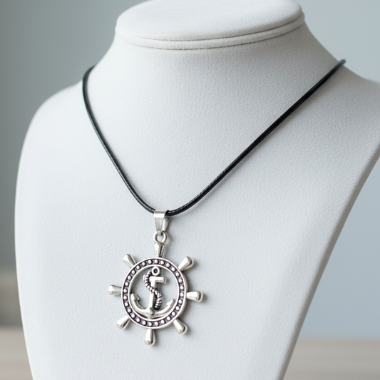 Colar de Homem em Couro com Pendente Âncora em Aço Inoxidável