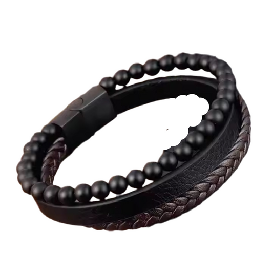 Pulseira de Homem em Couro com Pedras Vulcânica 22cm