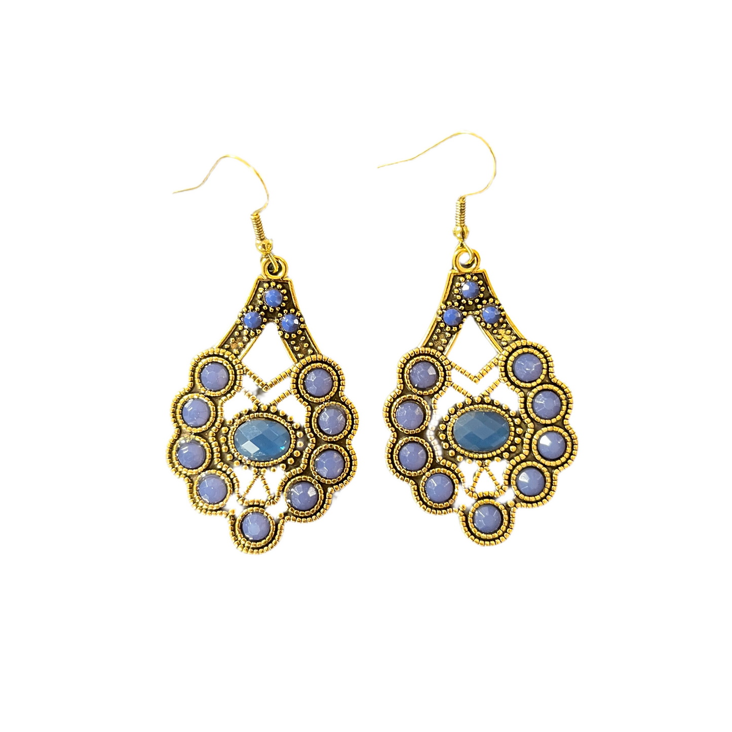 Brincos Boho Estilo Indiano na Cor Ouro Antigo com Pedras Azuis