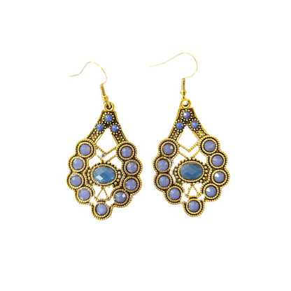 Brincos Boho Estilo Indiano na Cor Ouro Antigo com Pedras Azuis