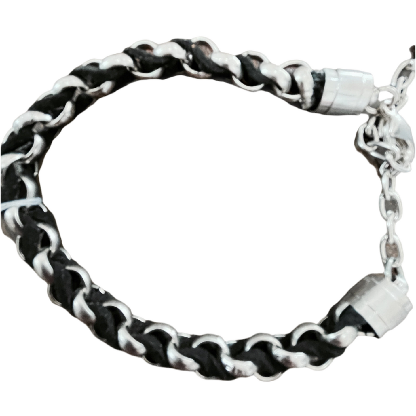Pulseira de Homem em Aço Inoxidável e Couro Entrelaçado