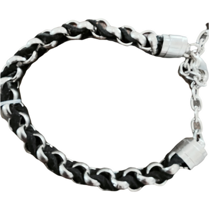 Pulseira de Homem em Aço Inoxidável e Couro Entrelaçado