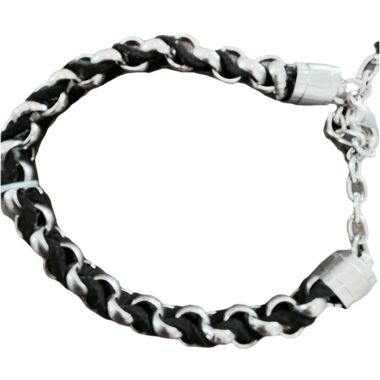Pulseira de Homem em Aço Inoxidável e Couro Entrelaçado