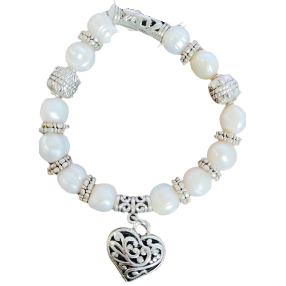 Bracelete de Senhora em Prata, Pérolas Coração