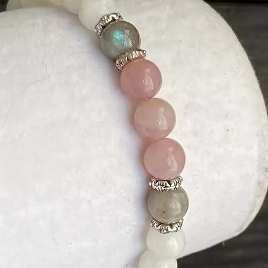 Pulseira de Senhora com Pedra da Lua Labradorita e Quartzo Rosa