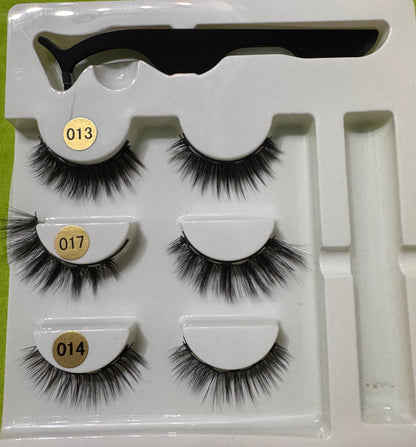 Kit de 3 Pares de Cílios Postiços Reutilizáveis com Eyeliner Adesivo e Pinça Aplicadora