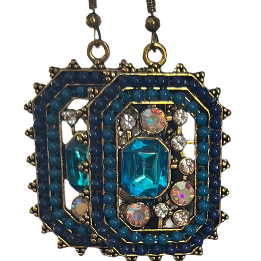 Brincos Boho Vintage Albastru na Cor Ouro Antigo com Pedras Azuis e Zircónias