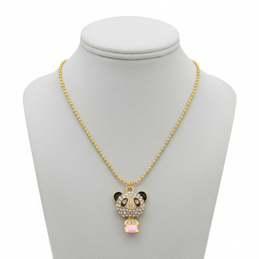 Colar de Criança, Panda com Cristais e Pedra Rosa