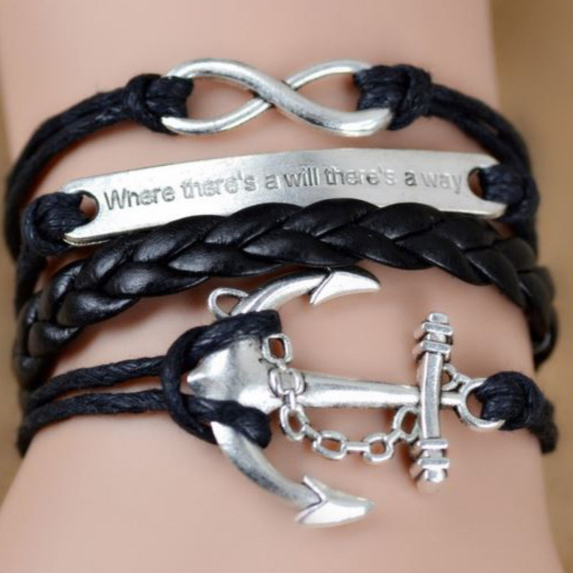 Pulseira de Homem em Pele com Âncora e Infinito