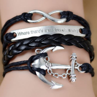 Pulseira de Homem em Pele com Âncora e Infinito