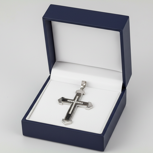 Pendente Cruz de Homem em Aço Inoxidável com Zircónias
