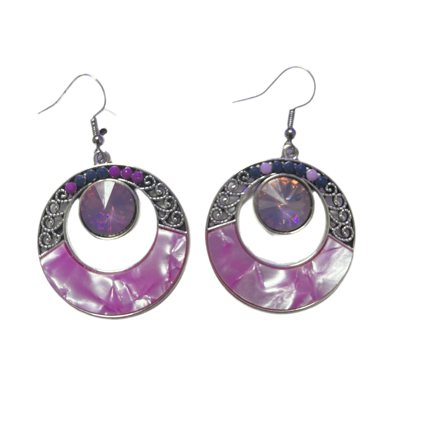Brincos Boho Argola Vintage na Cor Prata com Pedra Roxa