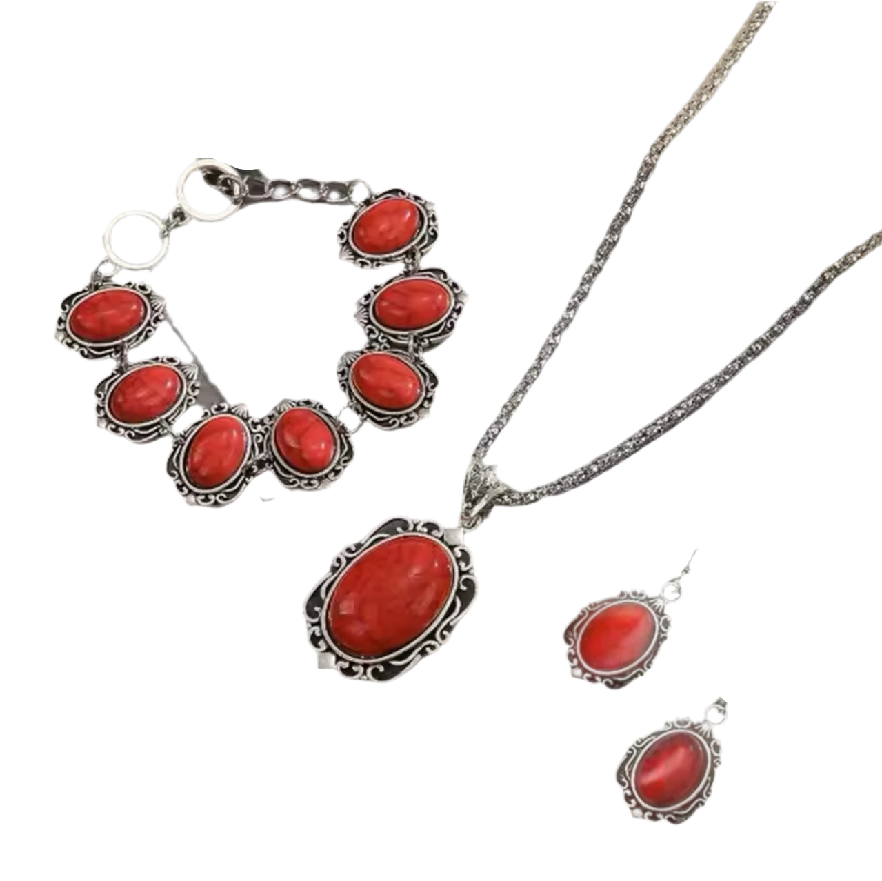Conjunto de Senhora - 3 peças de Prata Antiga com Pedra Vermelha Natural