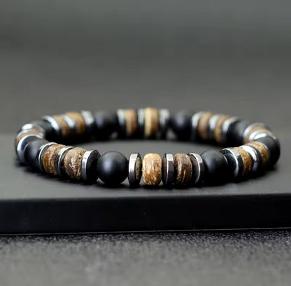 Pulseira de Homem com Pedra Ónix, Hematite e Grânulo de Côco